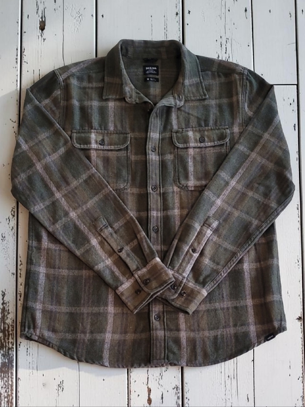 PrAna Men's Size-M Slim-Fit Olive-Brown Heavy Weight Plaid Flannel B/Down Shirt